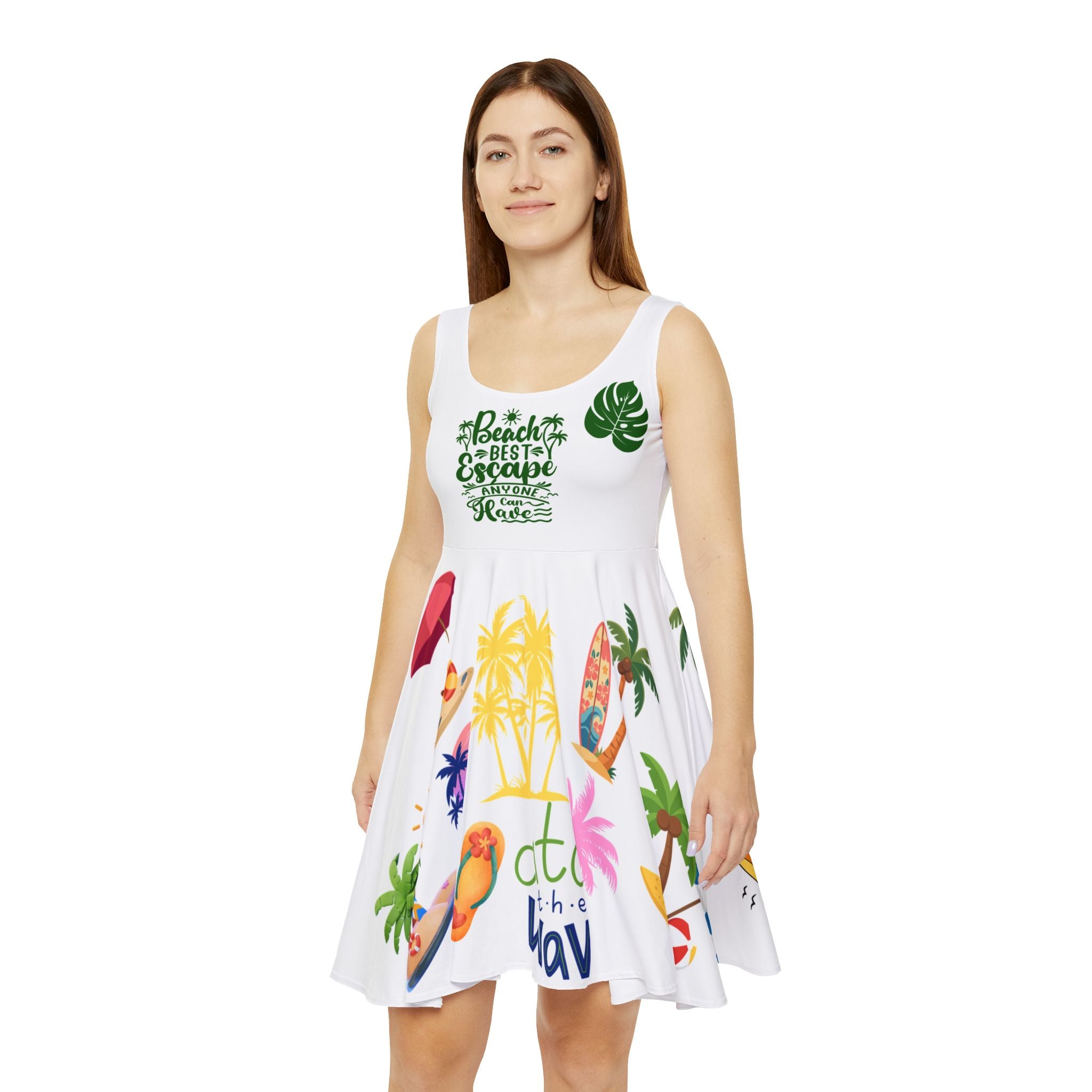 Tropical Beach Skater Dress 🌴 | Summer Vacation Outfit | Palm & Surf Print Sundress | Women’s Flowy Dress