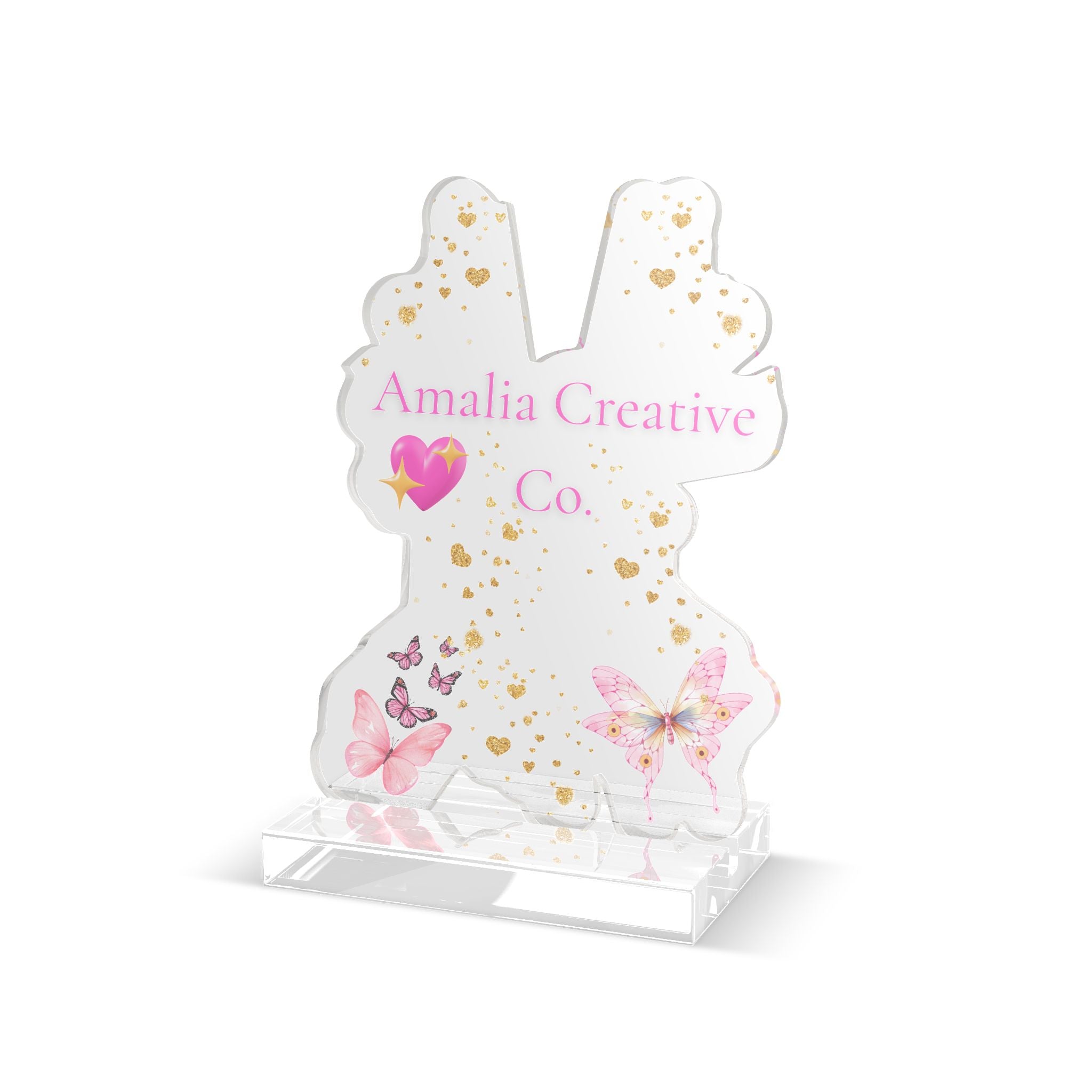 Acrylic Standee — Custom Cut Personalized Display with Pink Butterfly & Gold Heart Design